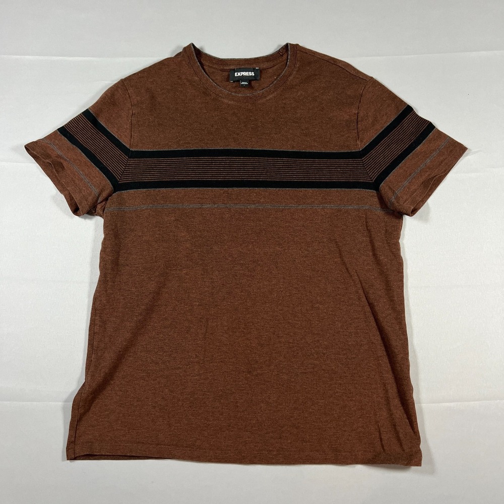 Express T Shirt Mens L Brown Black Horizontal Stripes Cotton Stretch Crew Neck